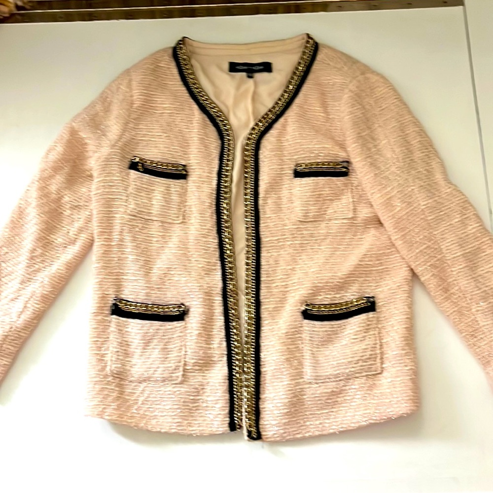 Women tweed jacket pink with gold fabric, black/gold piping accents.